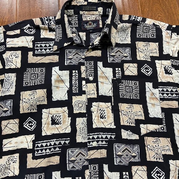 Perruzo Vintage Abstract 90s Black Cream Button Down Cotton Shirt Men's Medium - Picture 2 of 7